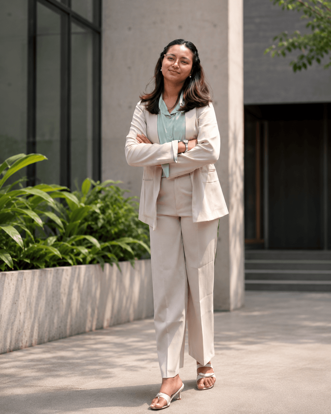 Melina Chaudhary in a quiet architectural profile portrait.